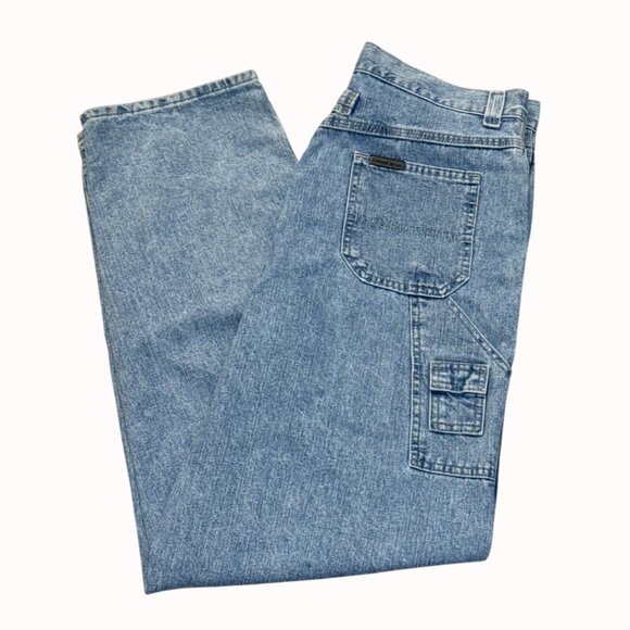 High Waisted Carpenter Jeans Size 14 Light Wash VTG 80s Riveted By Lee USA Made - Picture 15 of 15